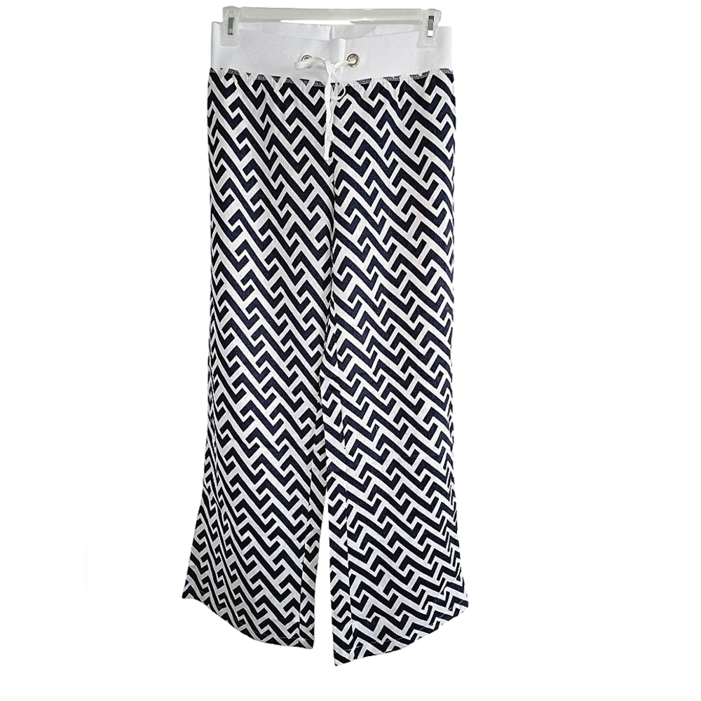 Women's Blue & White Linen Beach Pants Wide-leg Tie Waist Sizes S,M,L - Picture 2 of 7